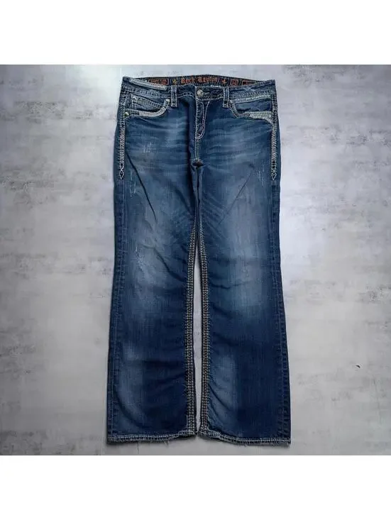 Y2K Blue Rock Revival Grunge Roza Easy Bootcut Denim Jeans - Picture 4 of 8